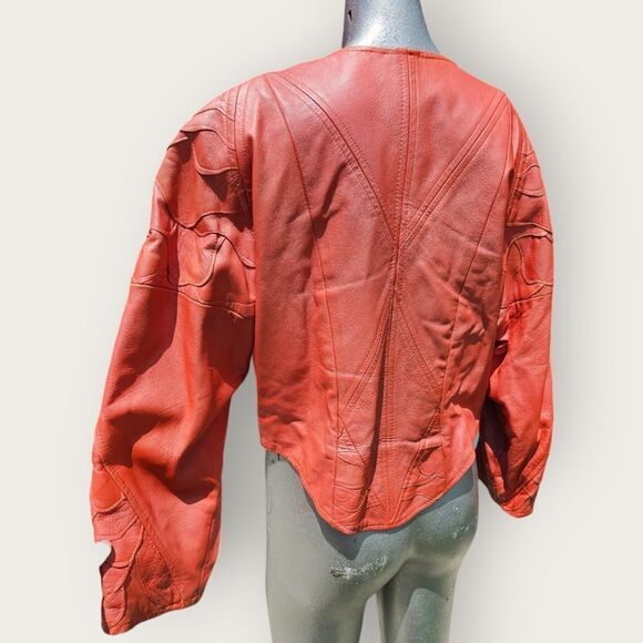 Vintage Coco Tomas Burnt Orange Coral Big Shoulder Cropped Leather Jacket - Picture 12 of 15